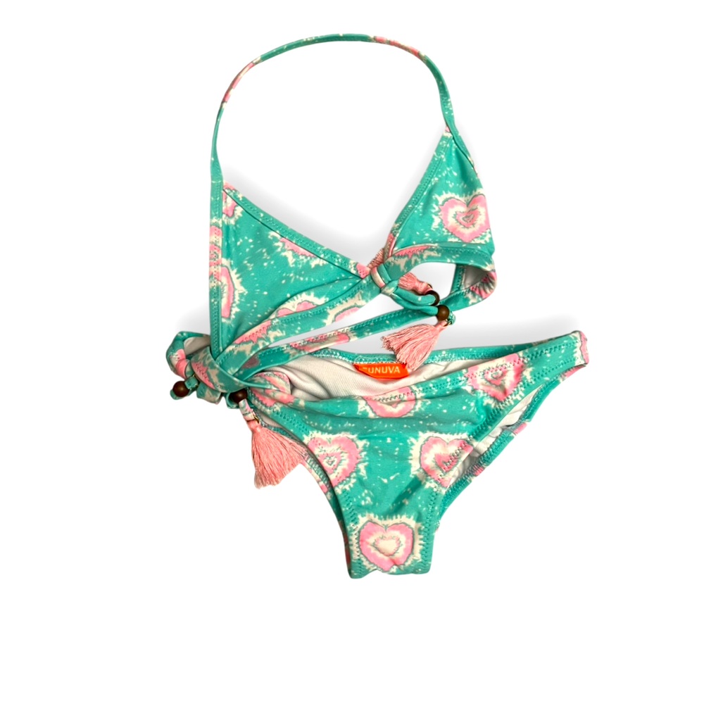 Sunuva Girls 2 Piece Triangle Bikini Swimsuit Green Floral Size 7-8Y